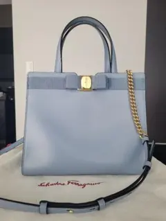 Ferragamo フェラガモ ヴァラ リボン ハンドバッグ 水色 ブルー 青