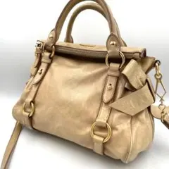 鑑定済・良品★ミュウミュウ　ヴィッテロリュクス　ハンドバッグ　レザー　ベージュ