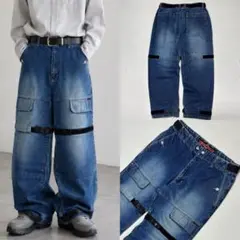 90s ウォッシュ デニム パラシュート カーゴパンツ クロップド 極太