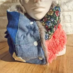 H-312 【デニムリメイク】ネックウォーマー　デニムファ パッチワークマフラー