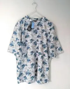新品f.f.白レトロ風フラワー青バラ花柄ハイネックトップスL