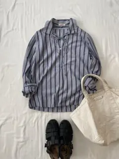 美品45prm スキッパーボウタイブラウス　ストライプ　プルオーバーシャツ
