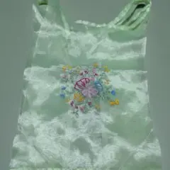 薄緑色シフォン 花柄刺繍 エコバッグ