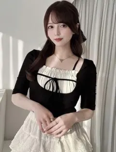 FRIFUL 2-In-1 フェイクレイヤード 配色プリーツ ドローストリング
