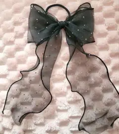 【新品未使用】シフォン ブラックリボン ヘアアクセサリー　ゴム ラインストーン付