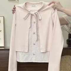 レイヤード風 リボン付き 長袖トップス ピンク ガーリー 韓国系　ワンホン