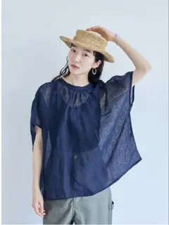 中川政七商店 リネン 麻 100％ かや織りギャザー ブラウス 半袖 青 紺