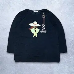 トップス　カットソー　黒　花柄　ハットガール　個性派　刺繍　長袖　レトロ