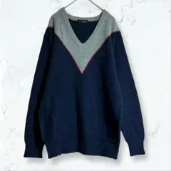 a2895 TOROY ニット 紺×グレー L Vネック 長袖 ウール混 メンズ