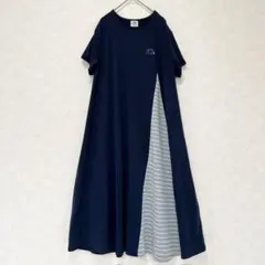 ハローマルシェ サイドボーダー切替半袖ワンピース Aライン ネイビー 紺 M-L