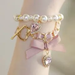 【新品】廃盤品 ‪‪❤︎‬ LIZLISA ハートビジュー2連ブレスレット ピンクのサムネイル