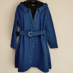 デニム ブルー 長袖ワンピース ベルト付き 140