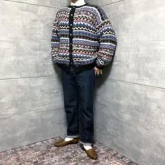 ニットカーディガン ハンドメイド◎総柄 マルチカラー ボーダー ウール 肉厚