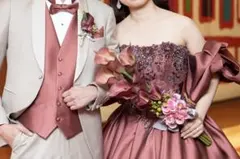 ウェディングブーケ アームブーケ　ブートニア　髪飾り　 ボルドー