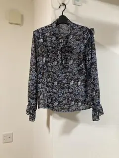 ブラウン場ブルー花柄シースルーブラウス 長袖　フリーサイズ