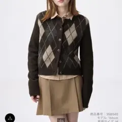 GU パフニットアーガイルクルーネックカーディガン ダークブラウン Mサイズ