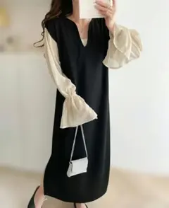 mily bilet　シアー袖　キャンディスリーブ　Vネック　ワンピース