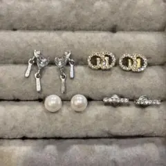 ピアス 4点セット（パール・ラインストーン・ハート型ストーン・イニシャル）