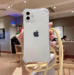 イエロー　iPhone13proケース　透明クリアカバー　肩掛けショルダー