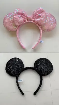 ミッキー　ミニー　スパンコールカチューシャセット