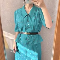 ヴィンテージ 昭和レトロ古着 マルチドットブラウス×スカートSET UP 半袖