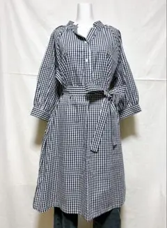新品　訳あり　ギンガムチェック　ワンピース　ネイビー　七分袖　春夏　ナチュラル