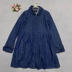 【サブロク】デニムロングコート 丸首 くるみボタン 羽織り コットン 春秋