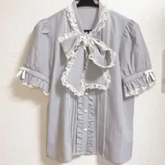 夢展望 レースフリルボウタイリボンブラウス ブルーグレーのサムネイル