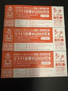 丸沼高原スキー場　リフト券・レンタル割引券セット3枚　a