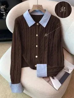 SHEIN シャツ襟付き ケーブルニットカーディガン 茶色 チョコレートブラウン