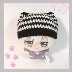 ちびぐるみ ぬい服 猫耳ボーダーニット帽 黒×白 ハンドメイド 編み物