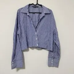 ZARA クロップド ストライプ シャツ ブルー ショート丈 Vネック