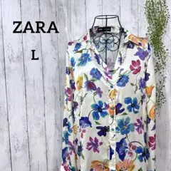 ザラ 花柄 シャツ ブラウス L 総柄 ボタニカル 長袖 マルチカラー