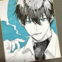 アナログイラスト　色紙イラスト　男の子　男子高校生　ペン画　オリジナルイラスト