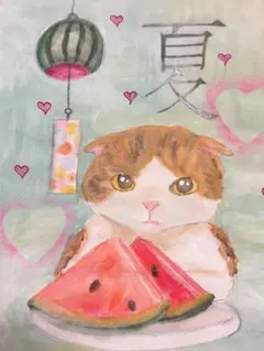 夏のスイカと猫【172mm×247mm・原画】