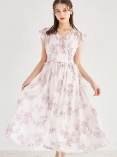 フリル付きウエストシャーリングフラワープリントカシュクールワンピース　ピンク