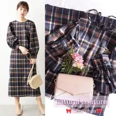 バックリボンボリュームロングスリーブチェックワンピース／ネイビー