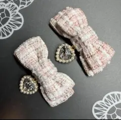 パールハート♡ツイードミニリボン　ピンク　ヘアクリップ 量産型　地雷　ゴスロリ
