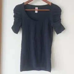 ZARA　ショルダーシャーリングカットソー　半袖Tシャツ　ネイビー　M