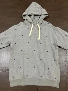 【1度のみ着用】Champion 総柄刺繍プルオーバースウェットパーカーグレーM