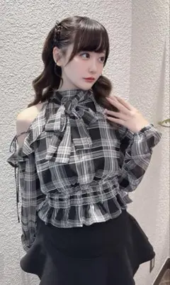 GRL チェック柄リボンショルダーオープンアメスリブラウス [ru1760]のサムネイル