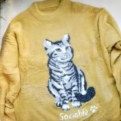 猫柄 ニット プルオーバー トラ猫 インターシャ フェザーヤーン マスタード