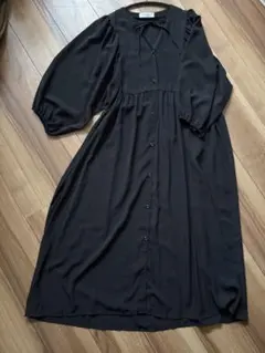 美品シースルーロングワンピース ブラックLリボン 長袖 重ね着 バルーンスリーブ