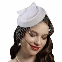 【新品】ホワイト リボン トーク帽 ウェディングハット 上品 結婚式 チュール