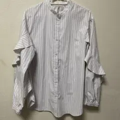 GU ラッフルスリーブブラウス ストライプ M 長袖 ゆったり