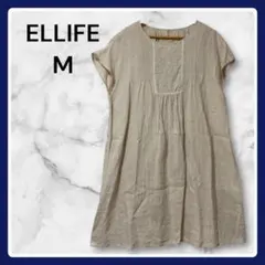 【美品】 ELLIFE リネン混 半袖ワンピース ナチュラル ベージュ 刺繍 M