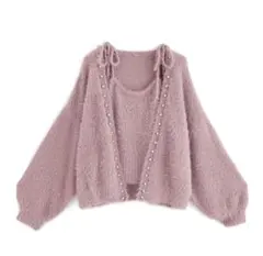 GRL パールカーディガン×リボンキャミソールシャギーニットアンサンブル　ピンク