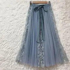 ロングスカート レース チュール フレア ウエストゴム リボン 裏地あり