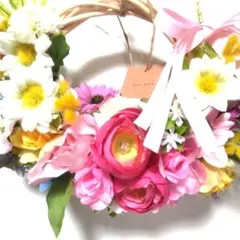 ぷっくりとした可愛い造花リース ピンクリボン付きラッピング無料ギフト壁掛け