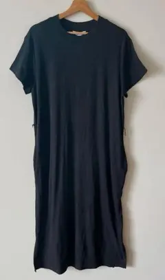 TIME AND TRU リブ ロングワンピース 黒【L】スリット　半袖